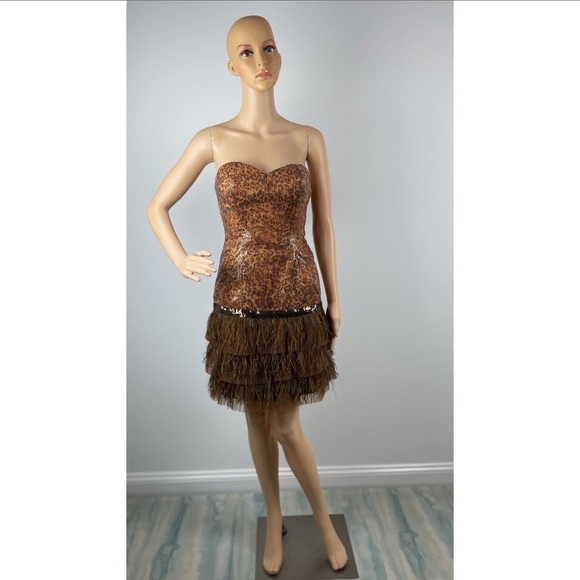 Leopard Print Sequined Ruffle Layered Sweet-Heart Brown Midi Dress - Picture 3 of 11